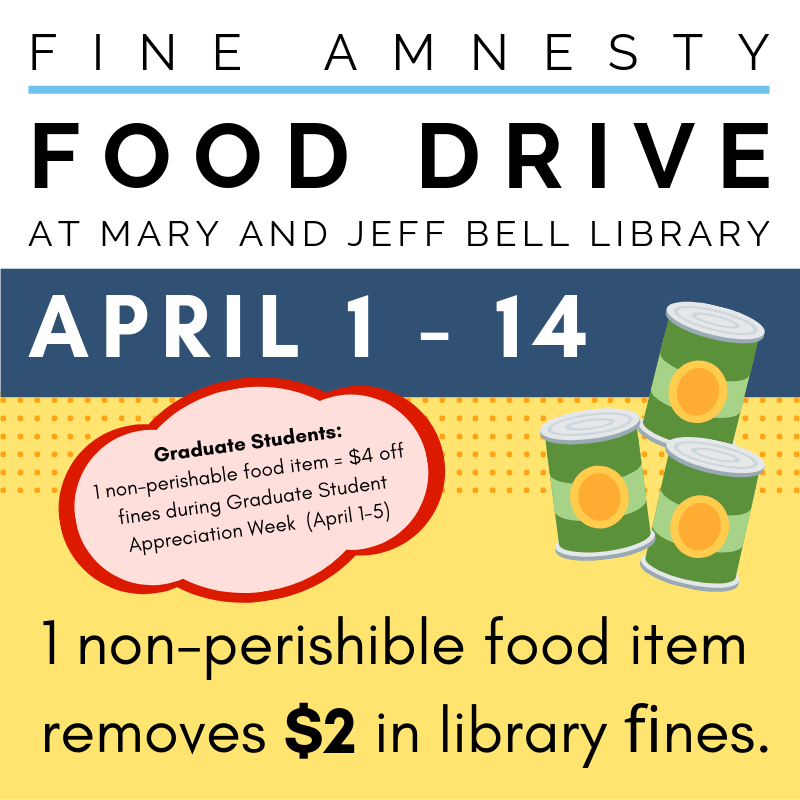TAMUCCLibrary's tweet image. There&apos;s one week left to reduce your fines by donating food items. Until April 14, one non-perishable food item donated to the library will remove $2.00 in fines. All donations will benefit Izzy’s Food Pantry. #fooddrive #tamucclibrary