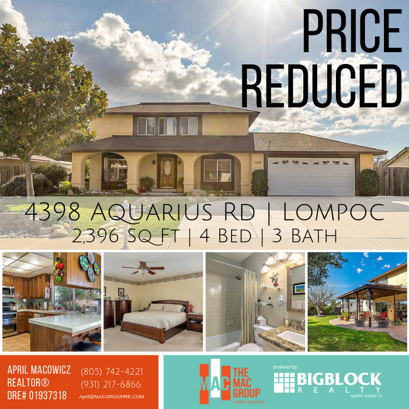MacGroupRealty's tweet photo. 💰Price Reduced!!!❤️️Are you looking for a BEAUTIFUL 4 bedroom🛏, 3 bath🛀 home in Vandenberg Village?🙌Know someone who is? ⤵️Tag them
.
April Macowicz
The MAC Group
CalDRE # 01937318
powered by Big Block Realty
CalDRE # 01885775
.
#forsale #pricereduced #vandenbergvillage https://t.co/YxOq7Joik5