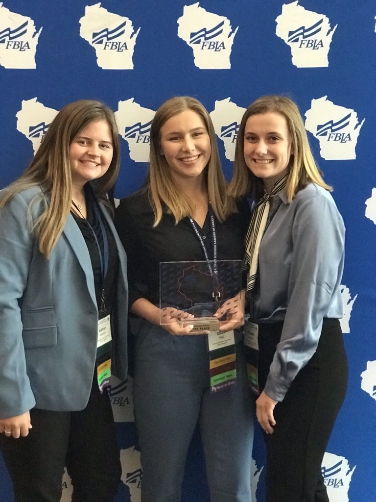 OCONFBLA's tweet photo. Katie Arenson, Olivia Pfeil, and Lizzy Quinette take FIRST PLACE in Business Ethics and qualify for Nationals in San Antonio, TX! 🥇 #OconPride #WIFBLASLC https://t.co/Mciv4T6SeH