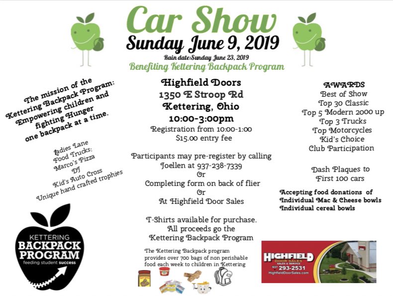 The warm weather is here ☀️ &amp; you know what that means...The Kettering Backpack Program Car Show 🚗 on Sunday June 9th, 2019 at Highfield Doors!

Check out the banner for registration details. If you are interested in being a vendor, please DM us! 😀

All proceeds go to KBI! 🎒