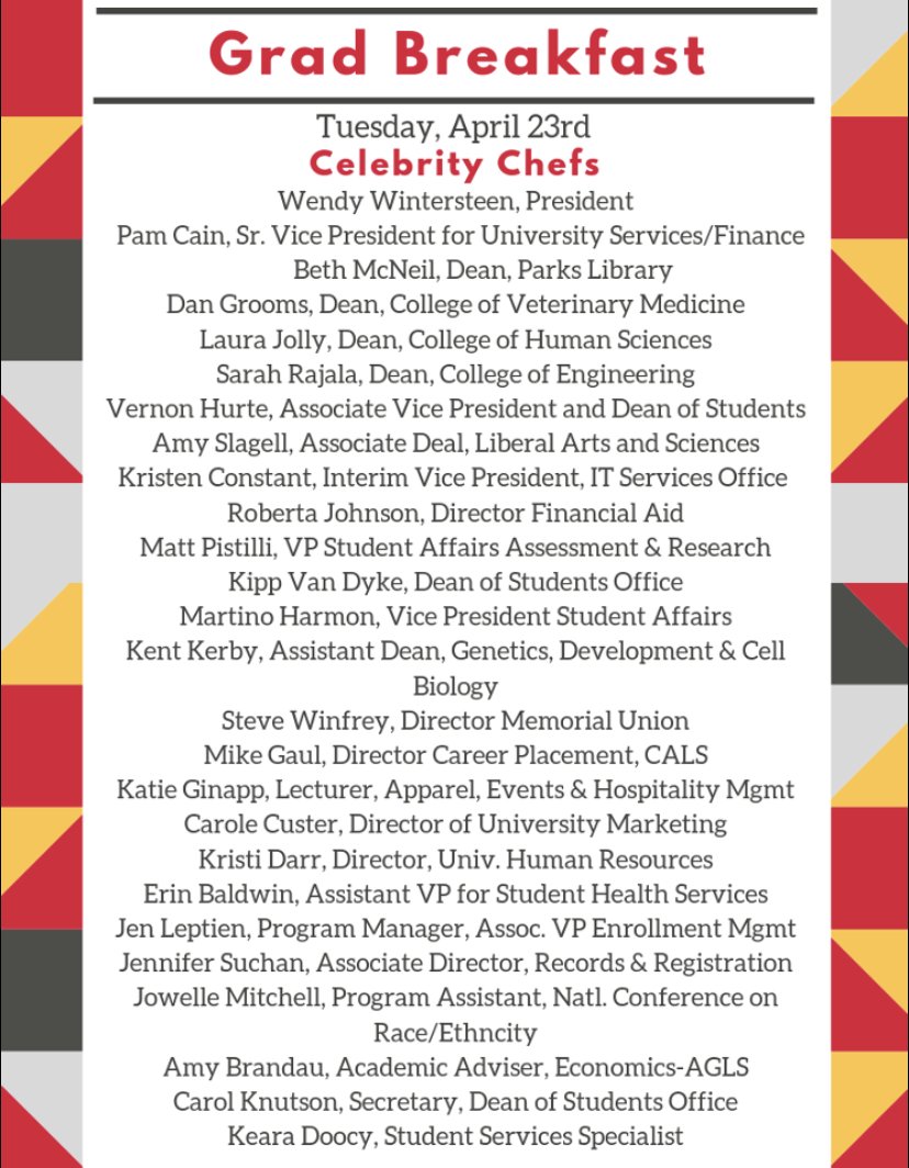 Your 2019 Grad Breakfast Celebrity Chefs are... 
RSVP by April 10th @ 11:59pm! Link: docs.google.com/forms/d/e/1FAI…