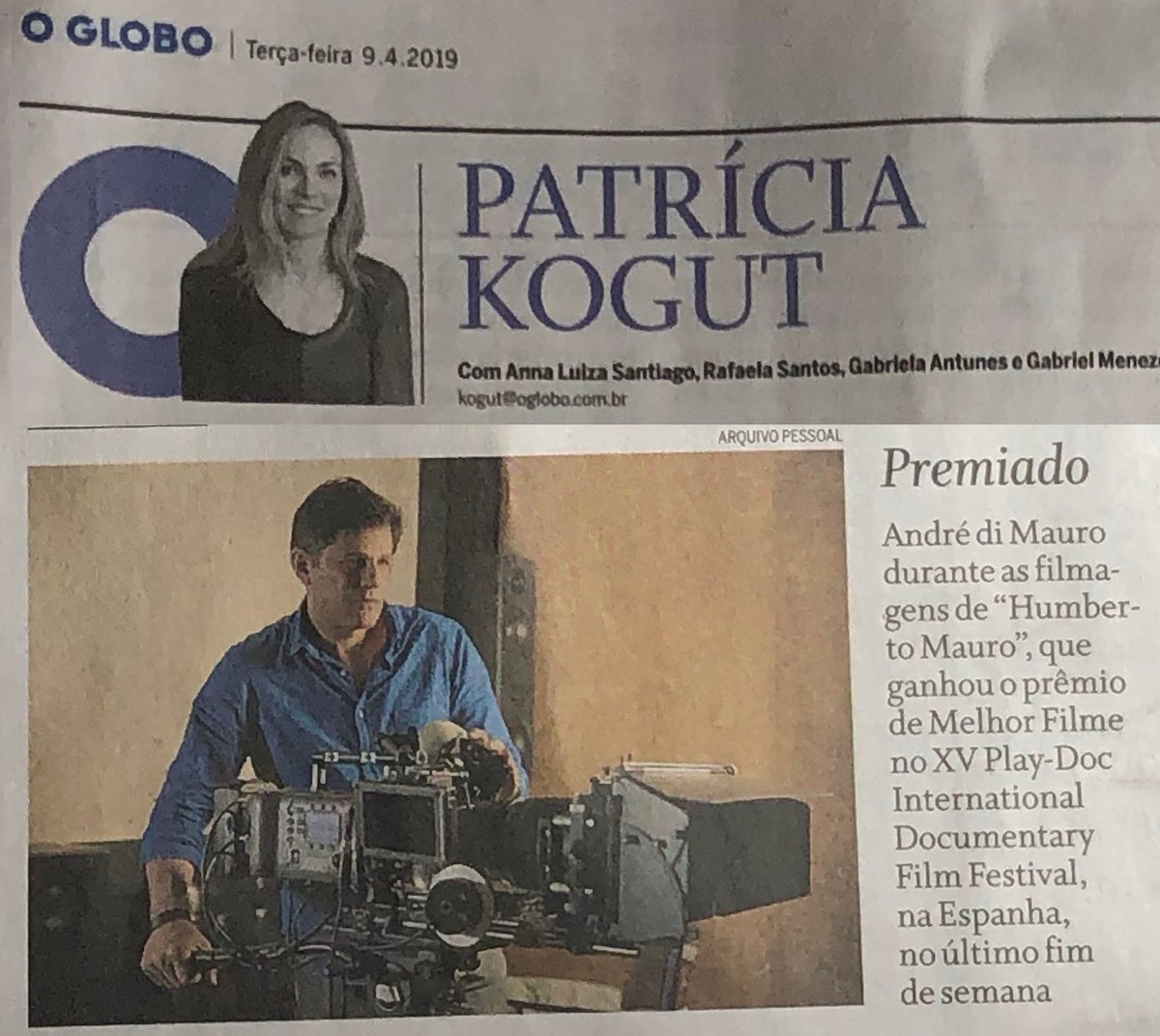 andredimauro's tweet photo. Obrigado 🙏🏻 @PatriciaKogut pela linda nota e foto publicadas hoje na #ColunaPatríciaKogut  do @JornalOGlobo🎥Ganhar o prêmio de Melhor Filme com #HumbertoMauro em um festival tão especial como é o @PlayDocFest é uma grande alegria! Viva o cinema brasileiro! Viva Humberto Mauro!🎬 https://t.co/FjaotsclhB