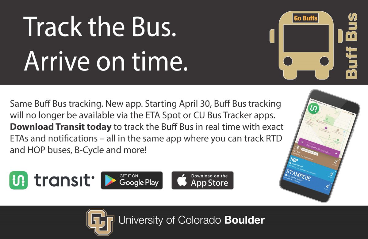 CU_PTS's tweet photo. Real-time #BuffBus tracking is now available via the @Transitapp. https://t.co/Jg2bQs65gh  #CUBoulder @EcenterCU @CUBuffbus @CUBoulderFacMan https://t.co/SjTcGz0pmQ