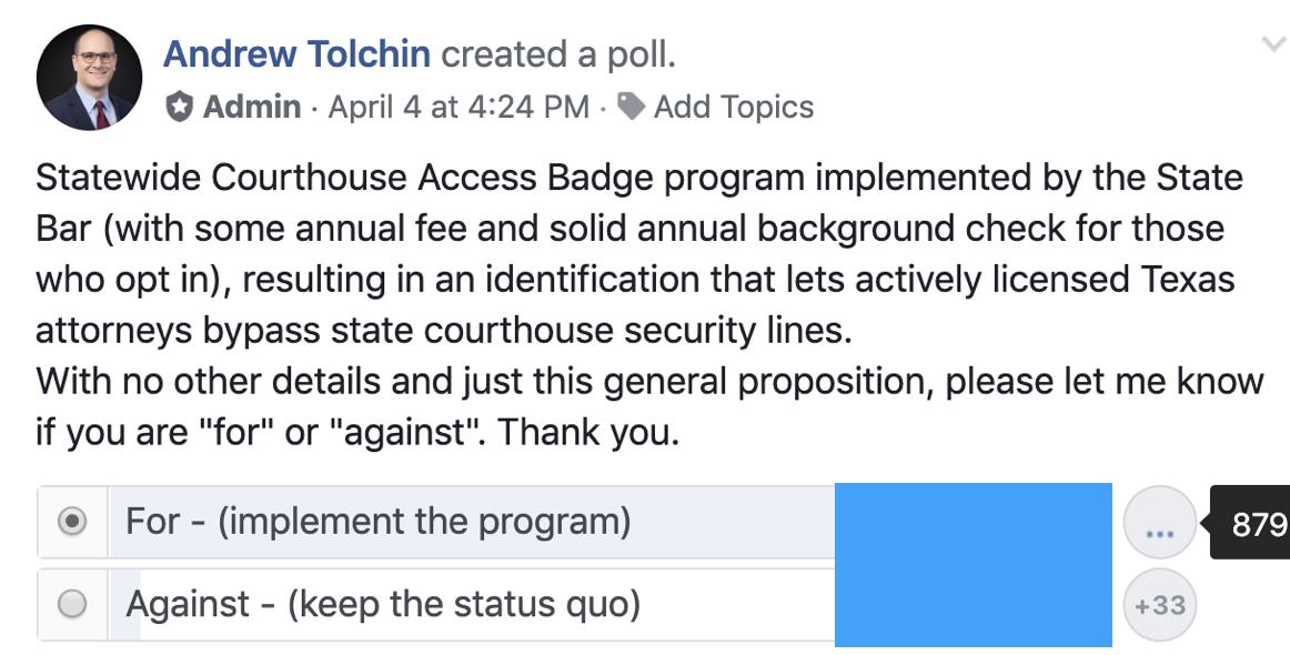 96% of 918 Texas attorneys polled in April 2019 favored statewide courthouse badge (with background check).  t@AMorrisReports