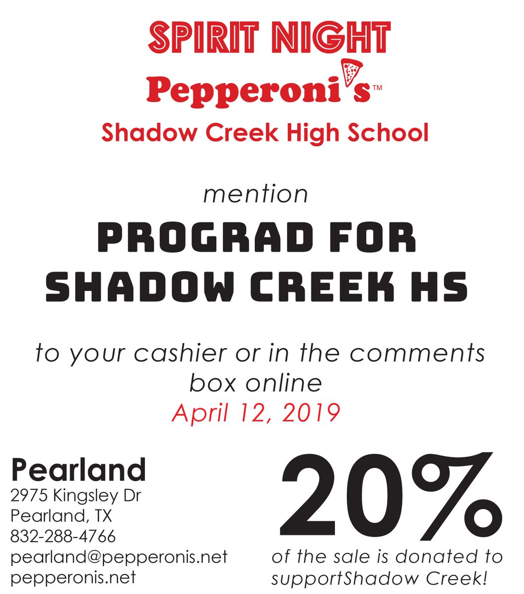 SharksProGrad19's tweet photo. @ShadowCreekHS Join @SharksProGrad19 for our Spirit Night! This Fri, Apr 12 @ Pepperoni's! 🍕🍕Dine In/Carry out/Delivery- just mention  🎓ProGrad for Shadow Creek! 🎓Spread the word! 🍕@shadowcreekpac @SC2019SC @ShadowCreekBand @SCsharkchoir @SharksSection @SharkYearbook SC💙s🍕 https://t.co/gs2OjqHCaq