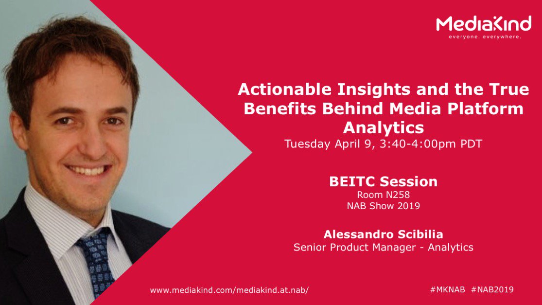 Media_Kind's tweet photo. #MKNAB If you're based in the North Hall this afternoon, why not head to #N258 to hear our Alessandro Scibilia discuss 'Actionable Insights &amp; the benefits behind media platform #analytics' during his @NABShow #BEITC speaker session! See him live at 3.40pm: https://t.co/viGjJfprOo https://t.co/QPmqQhgfe0