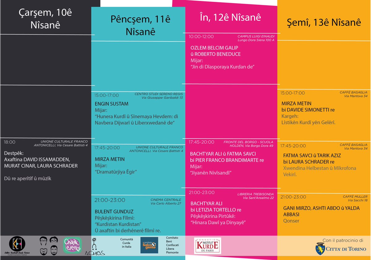 ChalakEvents's tweet photo. Mîhrîcana Derbirrîna Kurdî sibê li bajarê Torino ya Îtalyayê dest pê dike.
———————
Tomorrow the Kurdish Expression Festival will start to in Turin, Italy.
#mîhrîcan #festîval #Kurdî #Kurdish #torino #italy #chalakevents https://t.co/YDDjkTcIQc