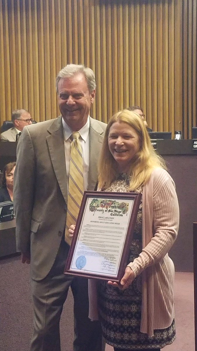 VistaAdultEd's tweet photo. The Education to Career Network was presented with a proclamation honoring Adult Ed Week today at the San Diego Board of Supervisors meeting. Supervisor Jim Desmond (Dist 5) presented the proclamation to Vista Adult School Principal Liz O'Shea-West. #adultedweek #ETCN #vusd https://t.co/uPN9E8BqDr