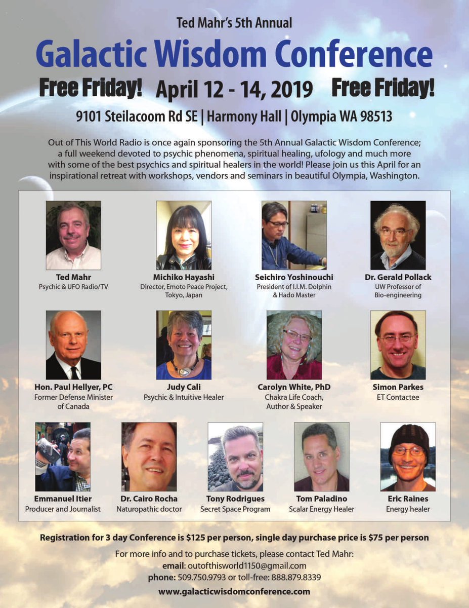 tedmahrOTWradio's tweet photo. #GalacticWisdomConference #UFOs #Spiritual #Healing #Psychics #OlympiaWashington 4/12 – 4/14/19  April 12th is Free!  Meet famous healers psychics UFO people! #EmmanuelItier #SimonParkes #MichikoHayashi #TomPaladino #JoeAnthony #Zorra #HollowEarth #Telos https://t.co/yZUfer7Df8 https://t.co/26vkY9mdgk