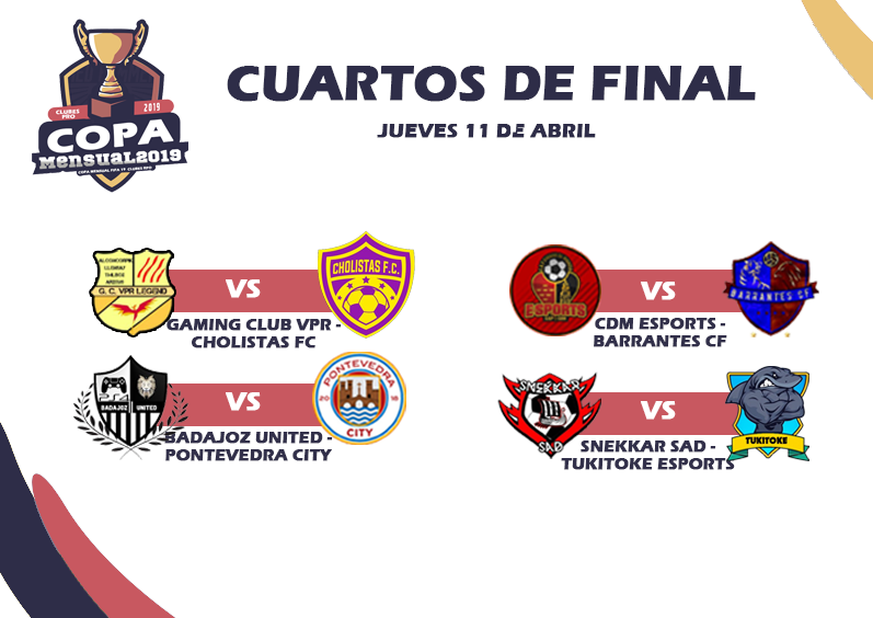 SORTEO REALIZADO Y ASÍ QUEDAN LOS ENFRENTAMIENTOS DE CUARTOS DE FINAL:
<a href="/VPR_Gaming/">Gaming Club VPR Legend</a> <a href="/SomosCholistas1/">❤Cholitas❤</a> @baadajozunited @PonteCity_VFO <a href="/CDM_eSports/">CAP Ciudad de Murcia Esports</a> <a href="/BarrantesFC/">Barrantes CF🎮⚽</a> <a href="/SnekkarSAD/">Snekkar SAD</a> @TukiTokeFC