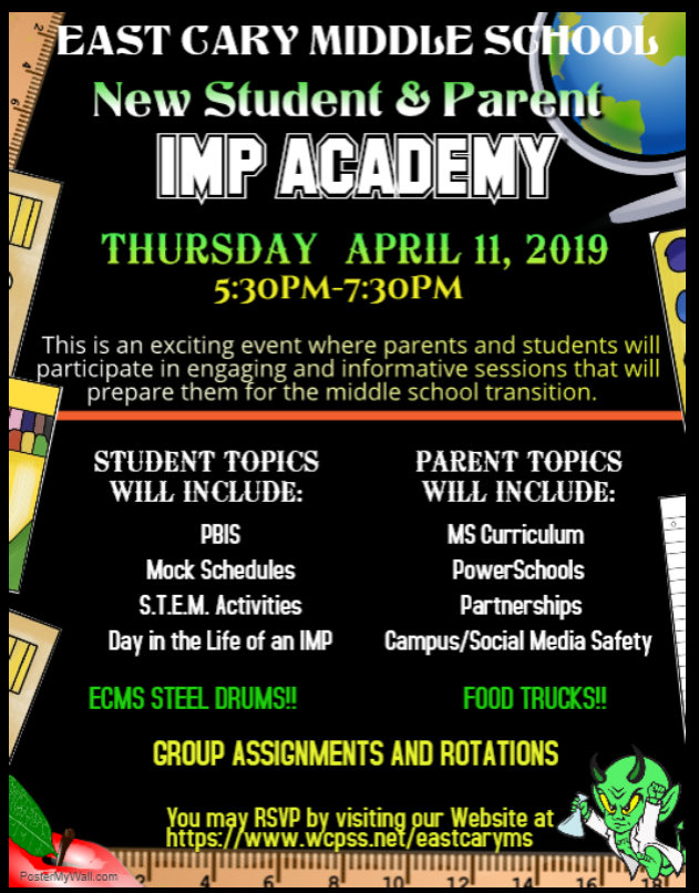 East Cary Middle School is hosting an Imp Academy for new students and their parents. Both parents and students will have the opportunity to learn more about the East Cary Imps.  The event will be held at the school on April 11, 2019 from 5:30-7:30. @reedycreekms <a href="/AdamsYRES/">Adams Elementary</a>