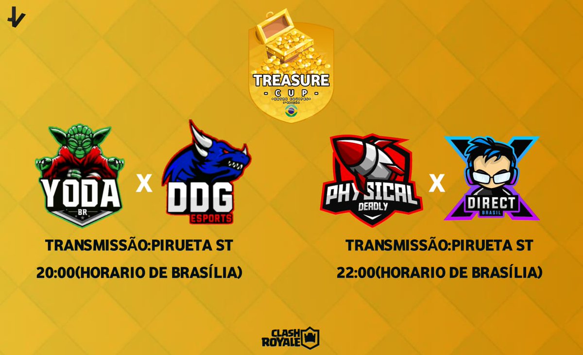 Hoje mais dois válidos pela Treasure Cup!
@YodaBr_ x <a href="/DDGeSports/">DDG E-Sports de 🏡</a> 
<a href="/DeadlyPhysical/">Physical Deadly</a> x @DirectXBrasil 
 
Com as duas partidas no canal do <a href="/Kawasantiago10/">Kawã Santiago</a> !!!
Bora fortalecer na live e torcer para sua equipe ou equipe favorita!

Vamos mostrar que o clash está mais vivo do que nunca!