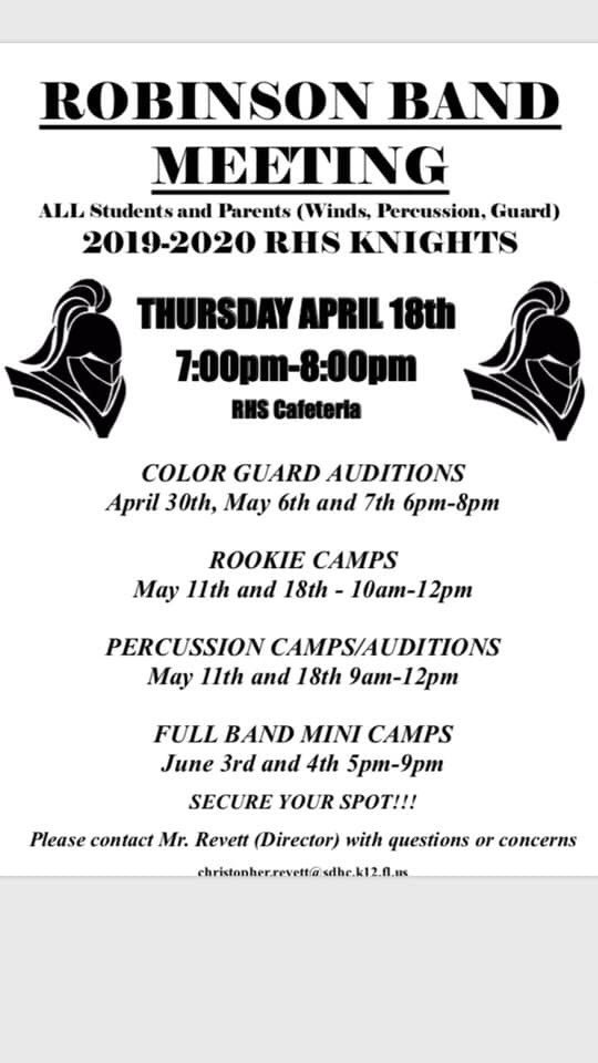 RHSKnightsBand's tweet photo. Be a part of the #MarchingKnights! Incoming or current Robinson students are welcome! @KnightsPTSA @HCPSRobinsonHS @ib_rhs @RHSStarlets https://t.co/m1TMTrmG60
