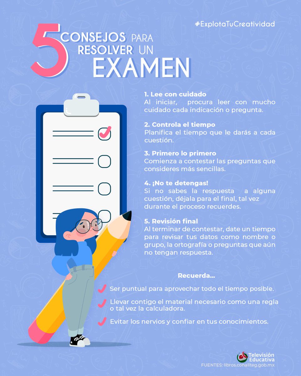 aprende_mx's tweet photo. ¡#ExplotaTuCreatividad con estos 5 consejos para resolver un examen! 📝 https://t.co/UVBqLEk5J9