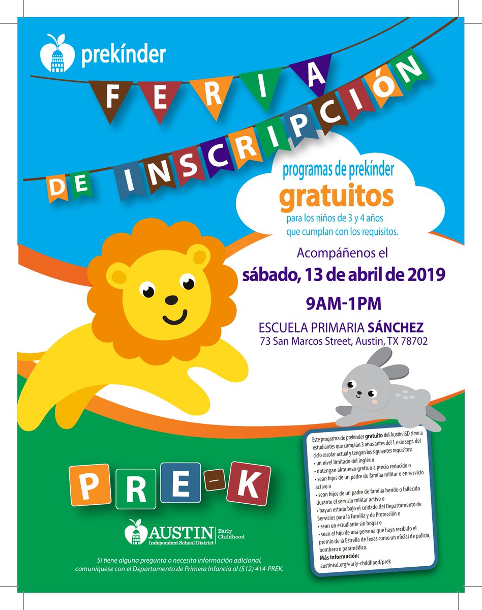 Join us for our district-wide Pre-K Enrollment Fair 9am-1pm on Saturday, April 13 at Sanchez Elementary. Learn about our programs at campuses and register your student for pre-K. The Pre-K Registration Fair is for ALL pre-k programs at Austin ISD schools: facebook.com/events/2308601…