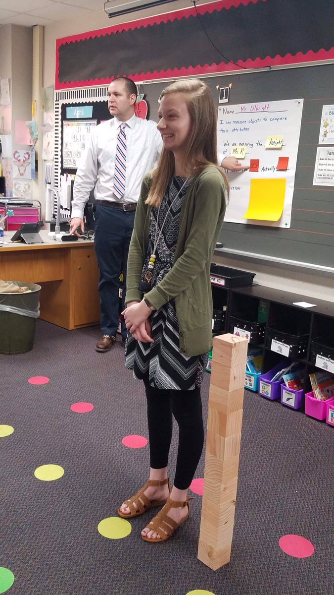 MrsRamljak's tweet photo. Thanks to @julbright and @HollyRGentry for coming in to teach math today! #MeasurementFun #HowTallisMissRamljak #WeAreWayne https://t.co/PiZ74bjAAq