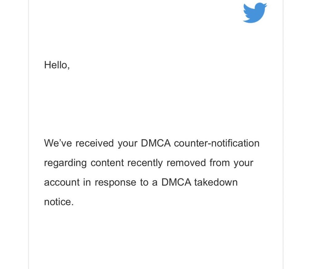 been getting a lot of dms recently about getting accs back after getting suspended for copyright so here’s what to do (rt)1. fill out a counter notif(only have to fill out for one tweet)2. follow exact format in below(if it’s right you should get email from twitter(2nd pic)