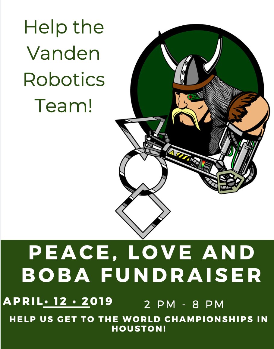 B_Miles7's tweet photo. Woah do you like to drink boba well Vanden robotics is having a fundraiser at peace love and boba on Friday please come out and help support us and if you can’t make it why not donate to our gofundme https://t.co/MsxkRW5moU https://t.co/PHtYD1oisb