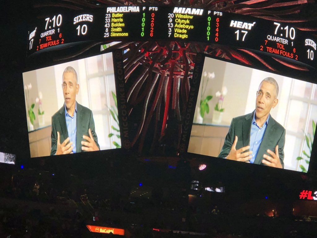 President Barack Obama with a special message to Dwyane Wade on the big screen.  “You just completed one of the greatest careers in NBA history.”