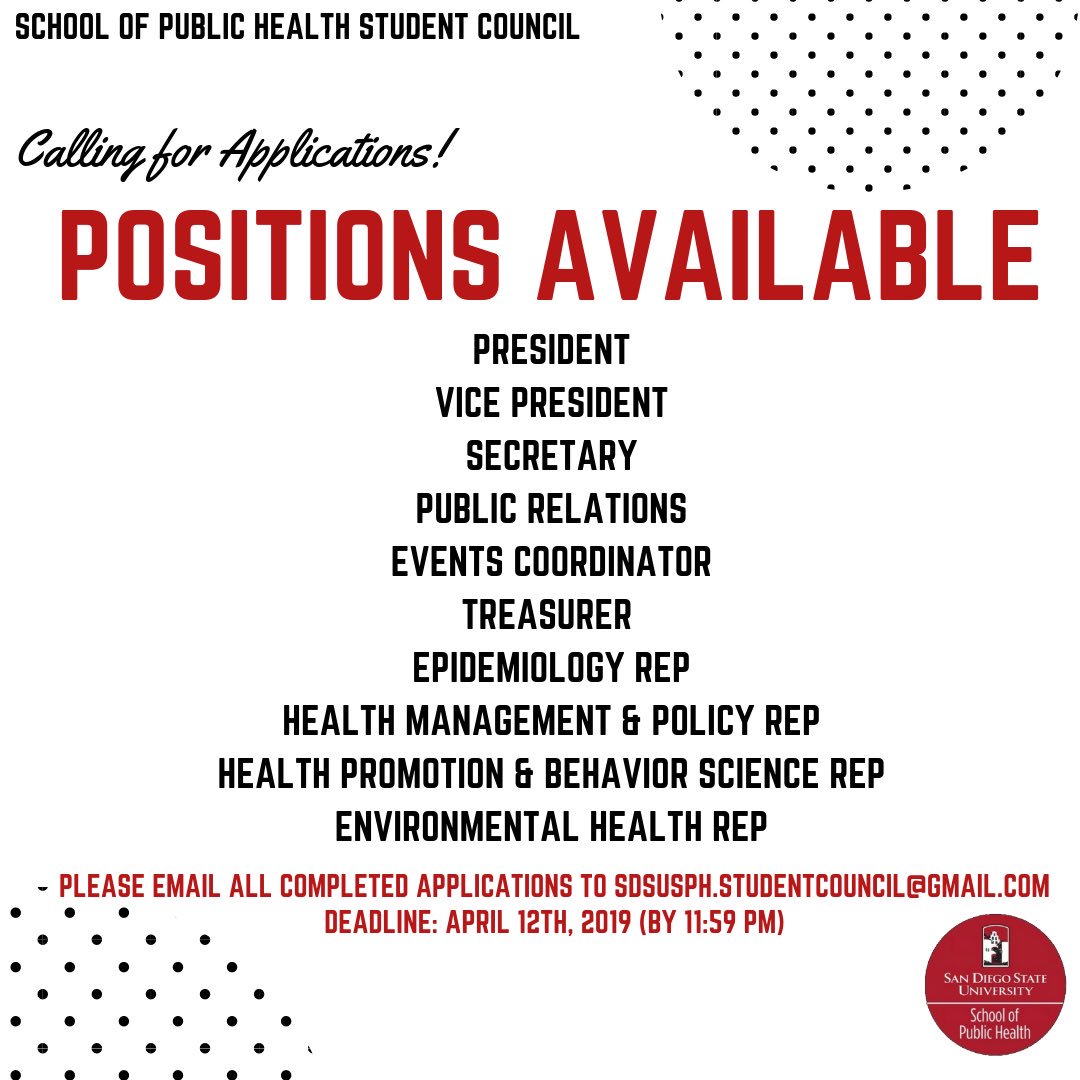 Calling all applications! Positions are available for next years SDSU SPH’s student council! Please email us with complete applications, check your email for details!