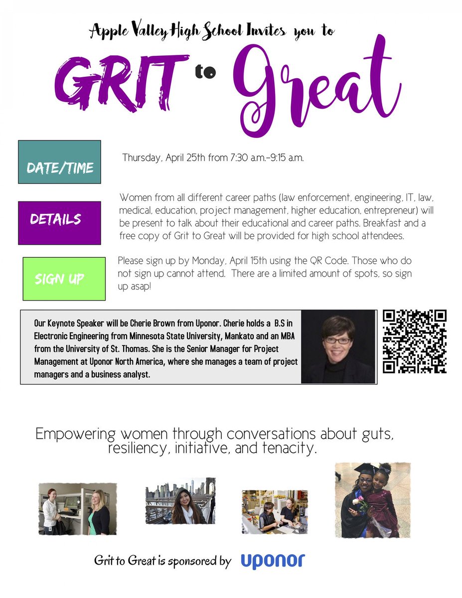 So excited to have AVHS host this special Grit to Great breakfast event for girls on April 25.  We are targeting AVHS junior girls.  Help get the word out about this event and get them to sign up asap.  Space is limited.