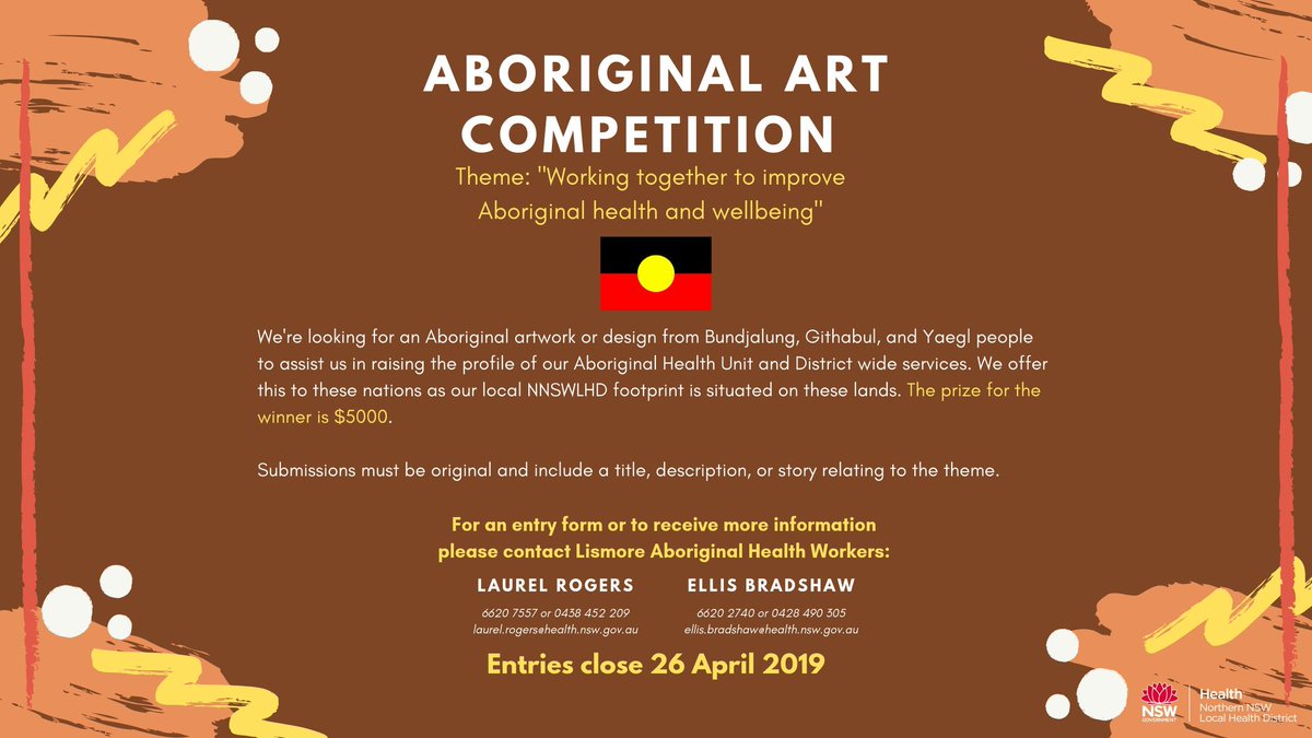 We're running an Aboriginal Artwork Competition for Bundjalung, Githabul, and Yaegl people, to enter artowrks or designs about 'working together to improve Aboriginal health and wellbeing'.

The prize for the winner is $5000! See flyer for details.