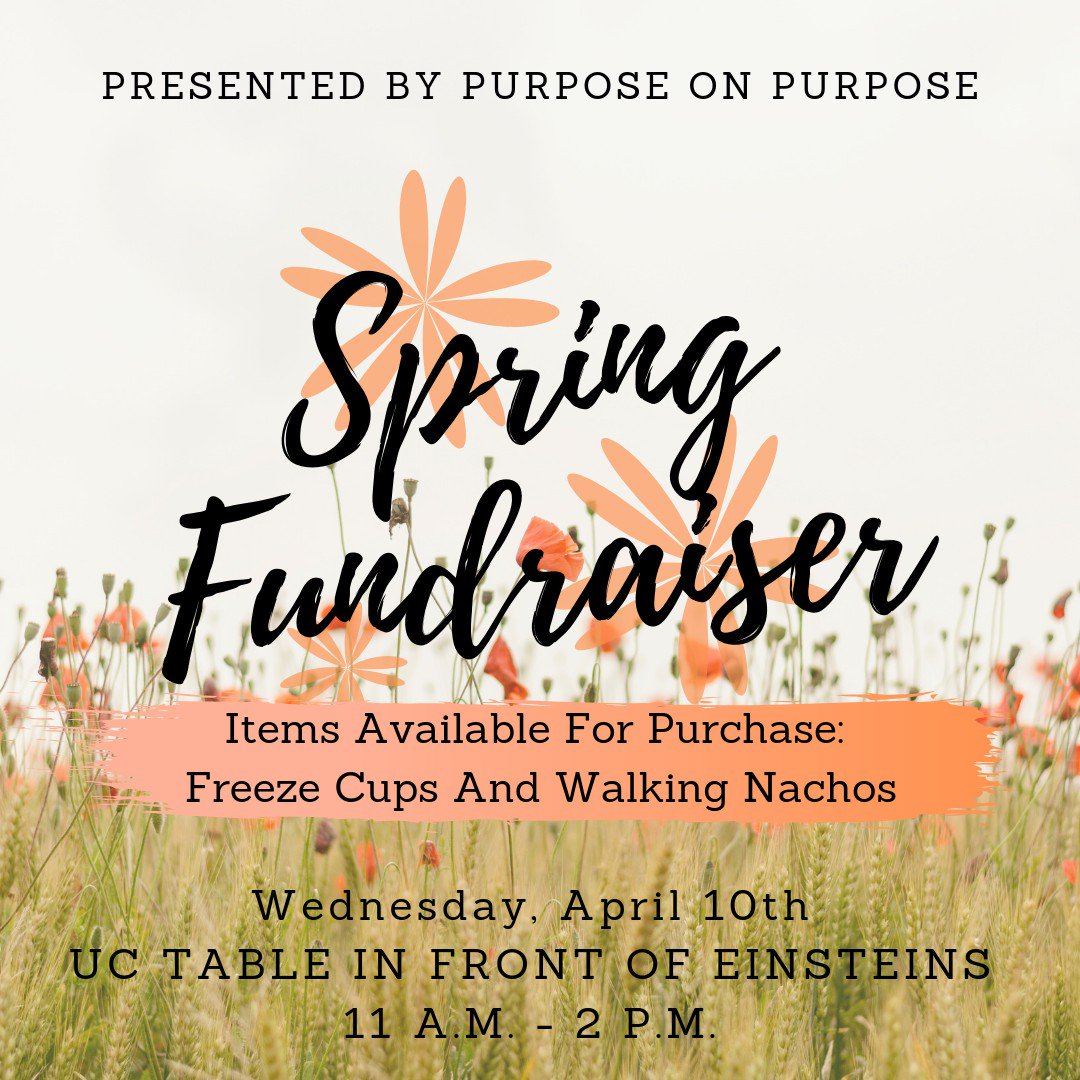 Purpose_APSU's tweet photo. The weather is warming up which means everyone is on the go! Stop by our table tomorrow by Einstein's from 11-2 to grab a freeze cup and walking nachos! #POP #PurposeOnPurpose https://t.co/4PHo1yk3nf