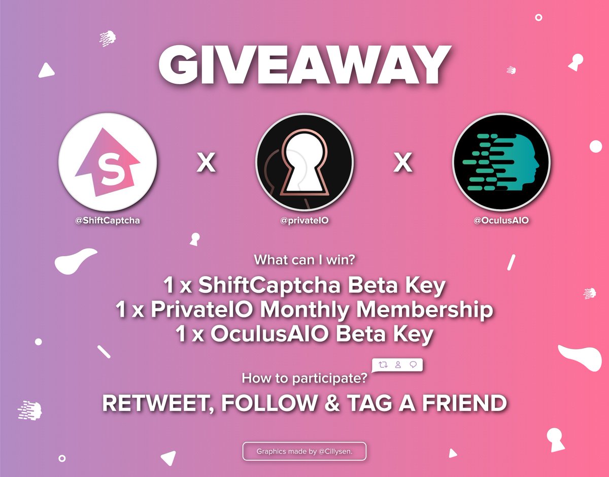 OculusAIO's tweet photo. 👀BIG GIVEAWAY 👀
@OculusAIO X @ShiftCaptcha  x @privateIO 

Prizes:
1 x @OculusAIO Beta Key 🤖
1 x @ShiftCaptcha  Beta Key 🔑
1 x @privateIO  Monthly Membership 🤫

To Enter - Follow Each Account + Retweet + Like Tweet + Tag A Friend!

Winner Drawn 4/11 @ 6PM! https://t.co/QGTPFjZcbX