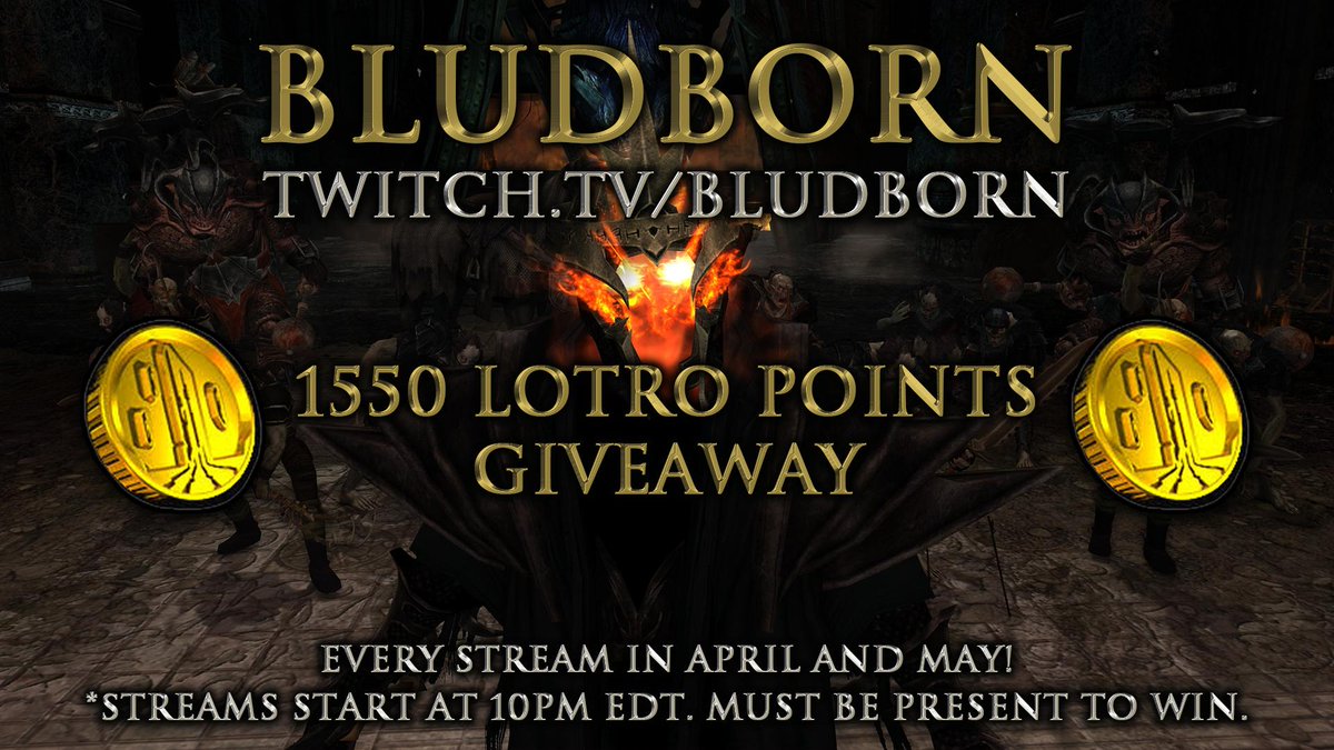 Bludborn's tweet image. Hey everyone! The stream is LIVE on twitch.tv/bludborn with more @LOTRO Points to giveaway. 1550 to be exact!

#lotro #lotrofamily #mmorpg