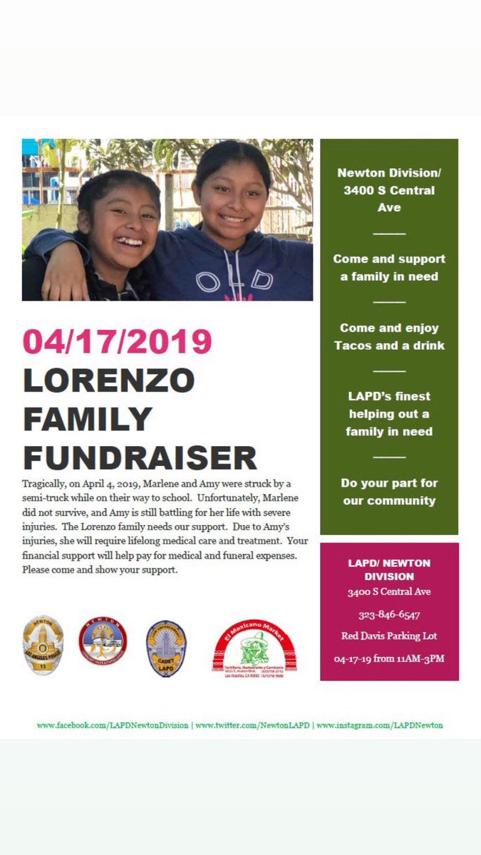 LAPulse_LA's tweet photo. #SouthLA had many tragedies this month. These two young sisters being ran over by a big rig (one lost her life the other still fighting for hers) along Broadway. @NewtonLAPD has put together a fundraiser this Thursday to help the Lorenzo family. Please #Share #ClintonMiddleSchool https://t.co/c9XMGAeKBc