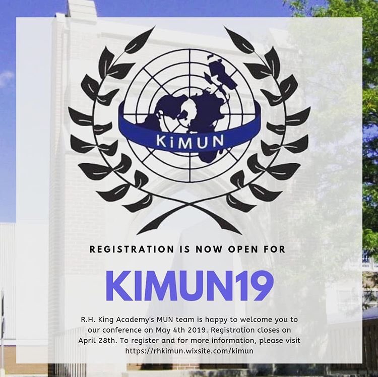 rhkimun's tweet photo. It’s that time of year, everyone! KiMUN’s 6th annual conference is happening on May 4th, 2019 @ R.H. King Academy. Registration is OPEN, at https://t.co/vpNjluC7N2 ‼️ https://t.co/qjjdh0nC5t