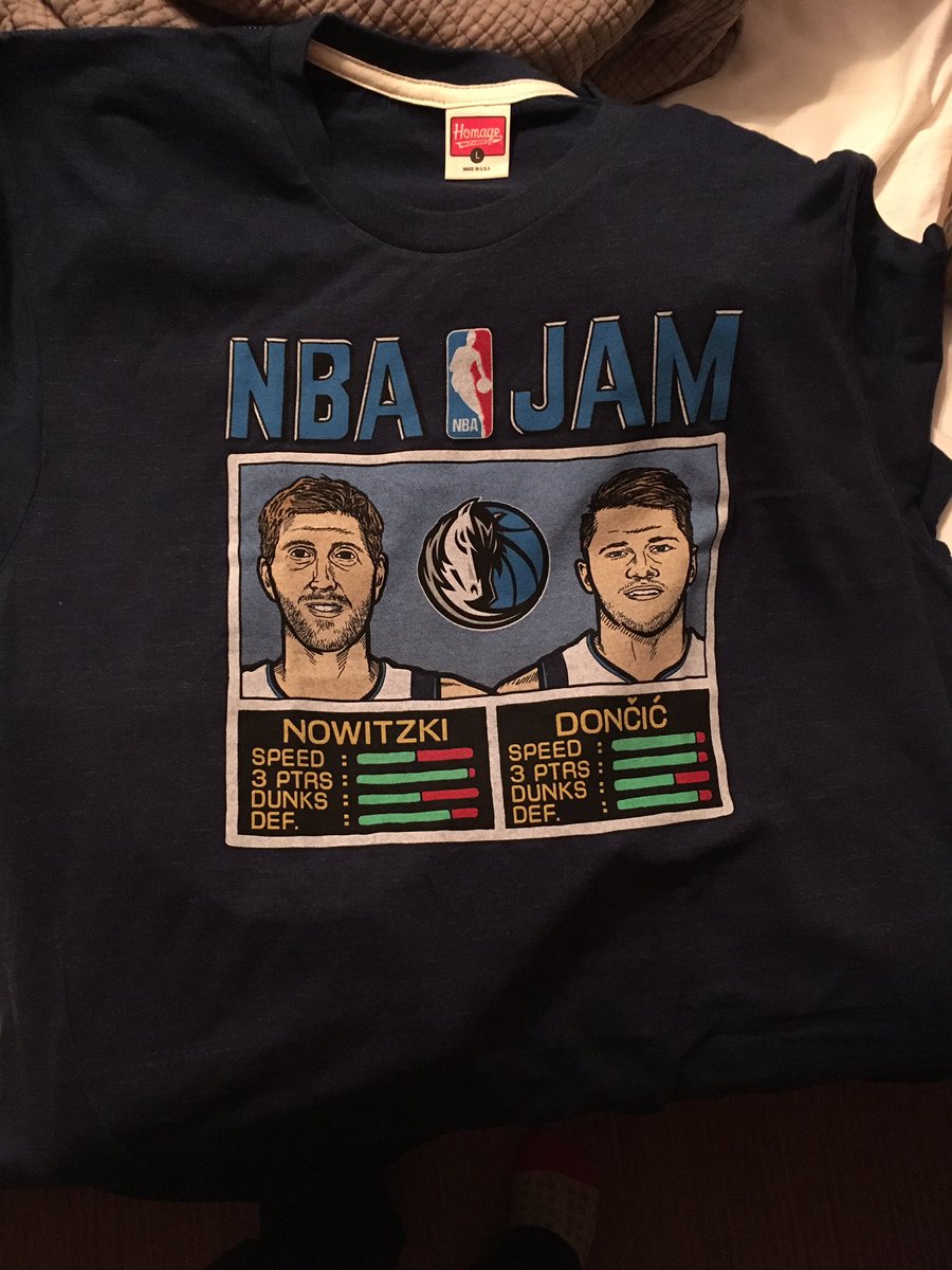 squatcheeontop's tweet photo. Man hard to watch this @swish41 tribute. Can’t believe it’s been 21 seasons. Thanks for all you’ve done for the @Mavs_FFL and in Dallas. #Nowitzness #MVP #Champs glad I got my @homage #NBAJam shirt just in time @swish41 @luka7doncic #pastpresentfuture https://t.co/CqRklPvRAQ