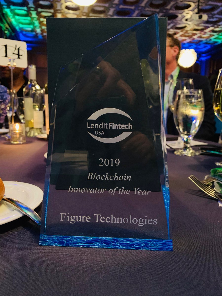 Figure's tweet photo. We're honored to be named the Blockchain Innovator of the Year winner in the 2019 #LendItAwards! Congratulations to this evening's nominees and winners. #blockchain #fintech https://t.co/fKuJ4jbjmE