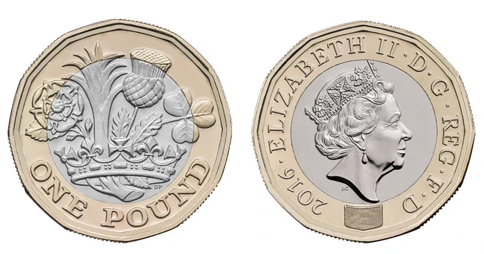 イギリスの1£コインも今２色だった。裏面、公募で選ばれた15歳のデザインすてき。 
