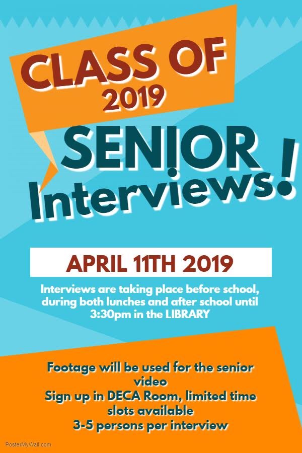 🚨SENIOR INTERVIEW/SENIOR VIDEO IMPORTANT INFORMATION BELOW🚨

If interested in signing up and reserving a spot for you and your friends, please sign up in the DECA room, DM us or contact Gloria Holt

There is only 10 (maybe 15) interviews available! So sign up starting tomorrow!