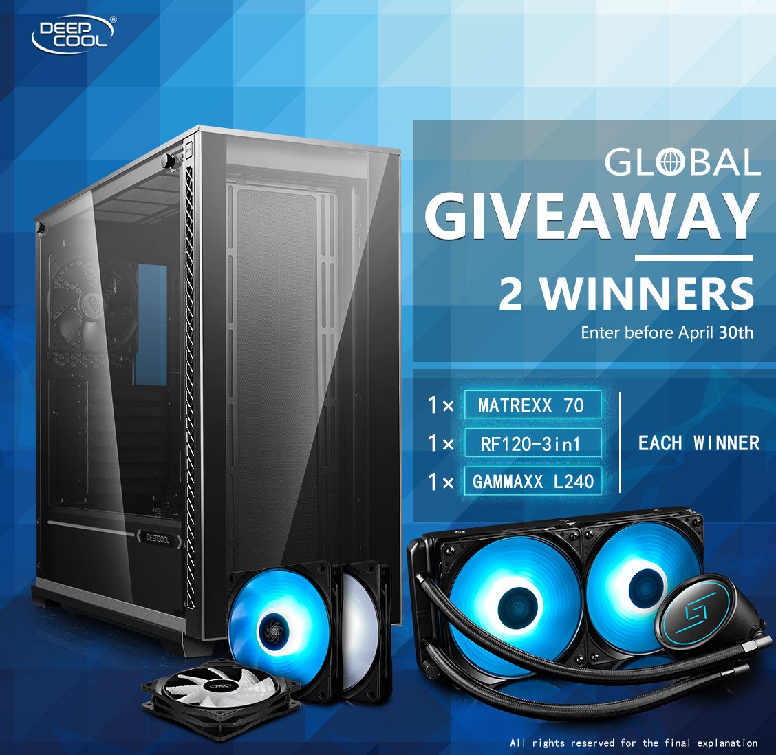 Deepcoolglobal's tweet photo. Deepcool Cooling Set Global Giveaway
To enter, please click :https://t.co/ozTbc2DGg9
TWO winners will be selected
Prizes Includes: 1x MATREXX 70 case, 1x GAMMAXX L240 Liquid Cooler and 1x RF 120-3 IN 1
Winners will be selected on April 30th, 2019 at 11:59 EST.
Good luck! https://t.co/EJdT2DntCX