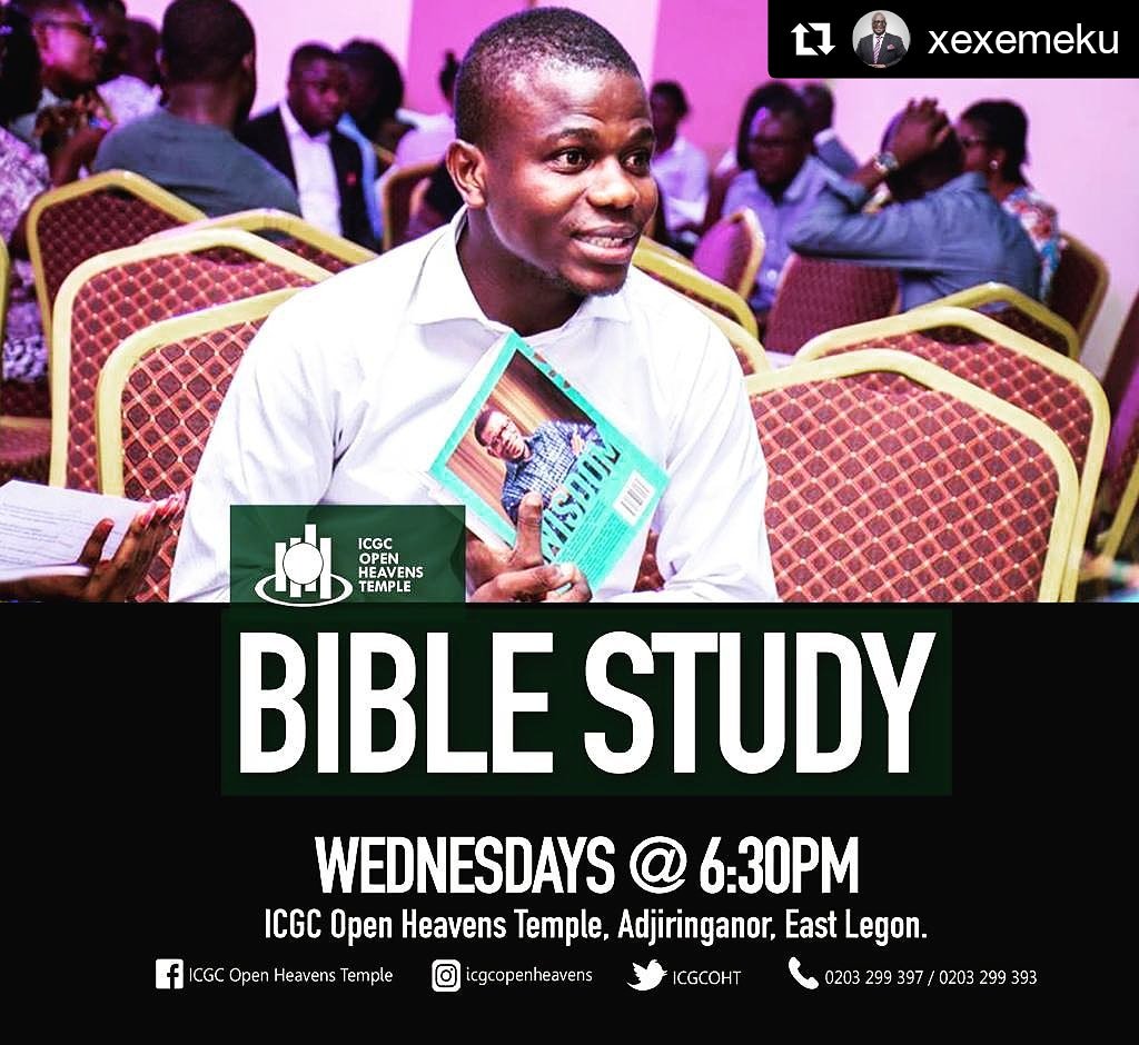#Repost <a href="/exexemeku/">Eric Xexemeku</a> 
・・・
Join us tonight at 7:00pm <a href="/icgcopenheavens/">ICGC Open Heavens Temple</a> as we do a Bible Study on WISDOM from Dr <a href="/MensaOtabil/">🇬🇭 Mensa Otabil</a>'s book. It has always been a transformation time. 
Don’t miss today. 
See you all 

#Wisdom #Victory #BibleStudy
