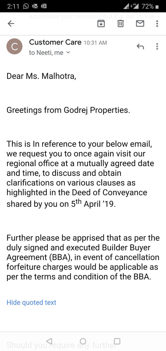 Sandeep18272835's tweet photo. #godrejproperty. Very poor and threatening reply from your team to your customers who has paid all dues. https://t.co/XFvSq1hB1e