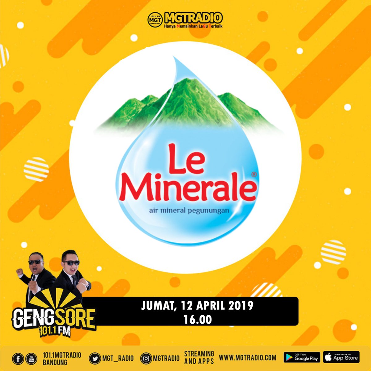 #GengSoreMGT bakal seru-seruan bareng dan menemani sorenya kamu dengan #ObrolanSeruMGT bersama Le Minerale / Jumat 09 April 2019
Jangan sampe kelewat ya
#gengsoremgt #mgtradio
