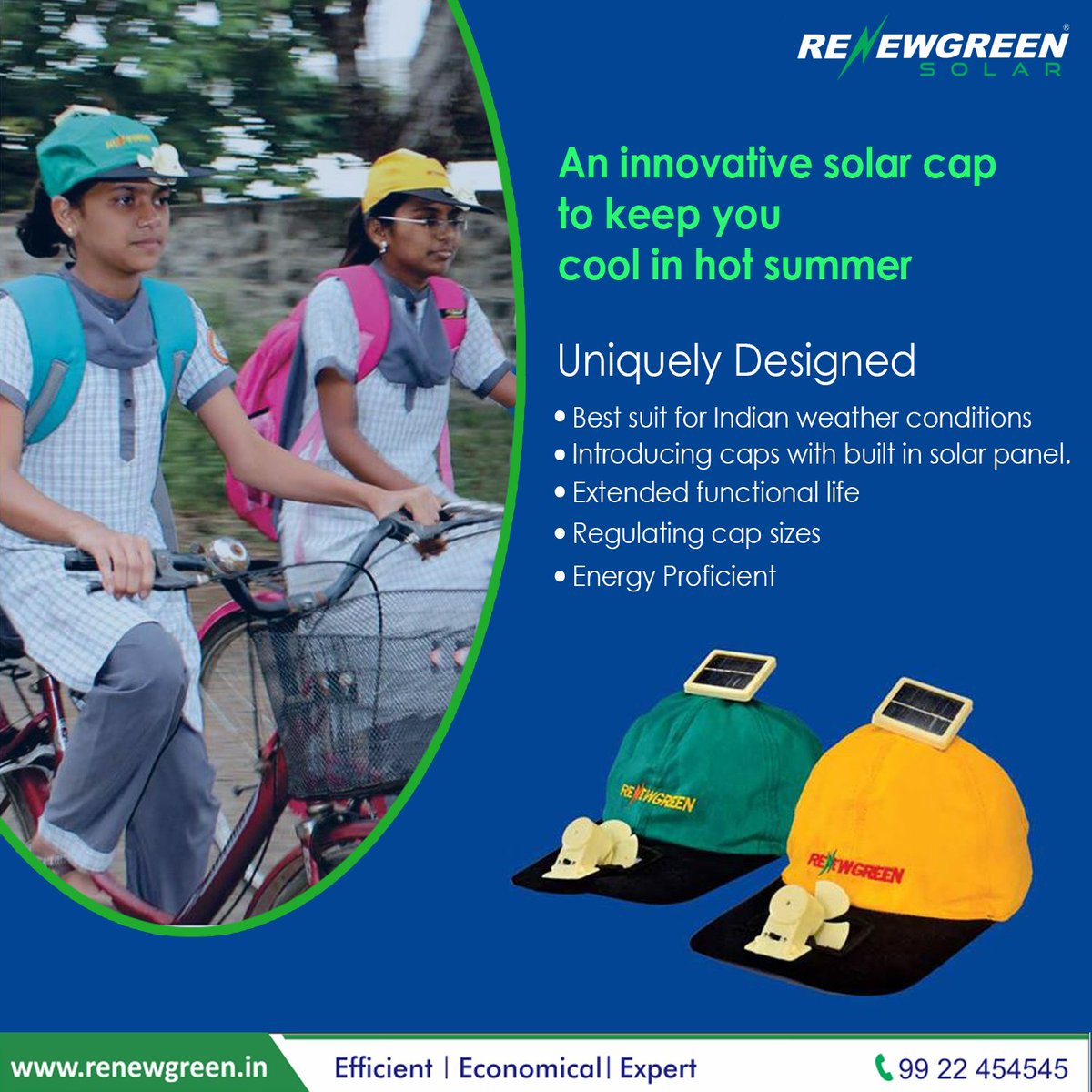 RenewgreenSolar's tweet image. Protect yourself from summer heat with Renewgreen Innovative Solar Cap. A cap which looks pretty and will keep you chill under the burning sun.
Contact: 9922454545
#SolarCap #SolarInnovation #GoSolar #RenewgreenSolar