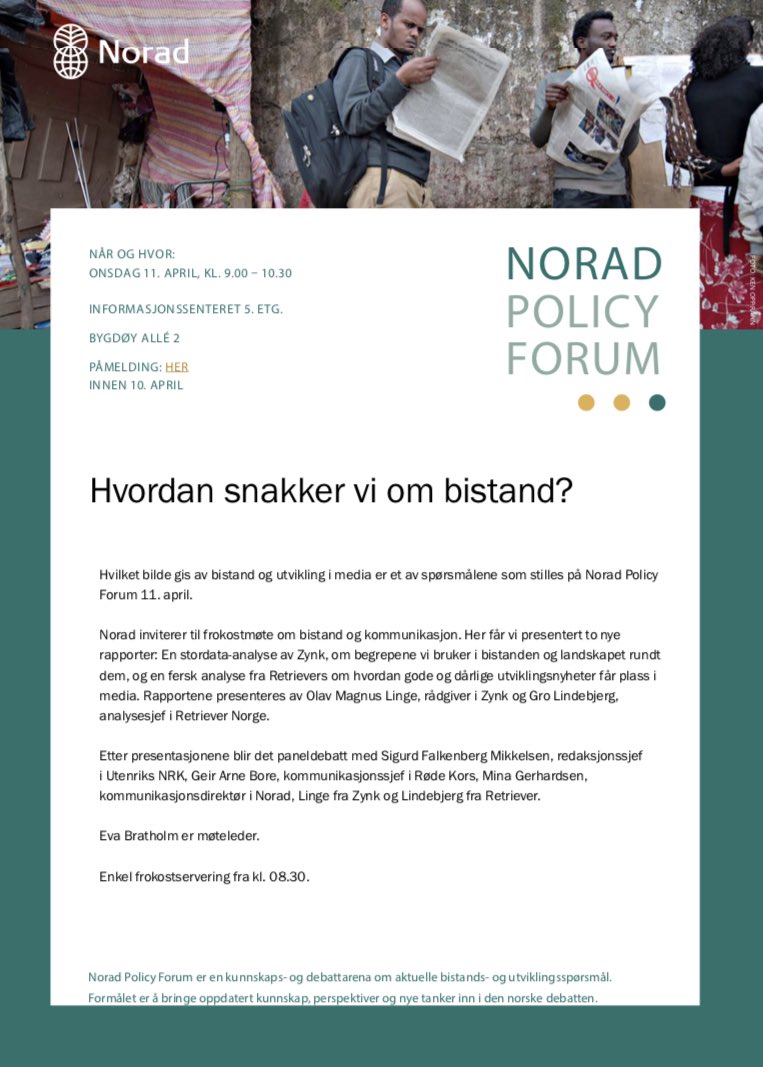 🎯 Frist for påmelding i dag! Frokostmøte om #bistand og #kommunikasjon: To nye rapporter presenteres av @retriever_no og @ZynkAS. <a href="/MinaGerhardsen/">Mina Gerhardsen</a>, <a href="/sigurdfm/">Falkenberg Mikkelsen</a> og <a href="/geirbore/">geir arne bore</a> oppsummerer: Hvilket bilde gis av bistand og utvikling i media? #NoradPolicyForum. 👉🏻 norad.no/aktuelt/arrang…