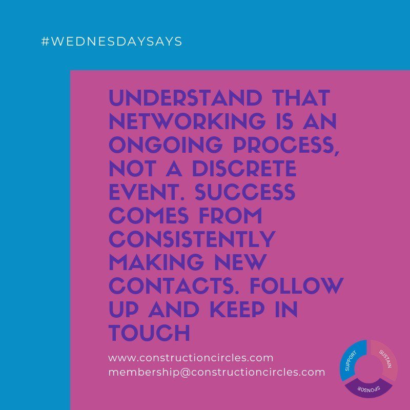 Networking requires consistency.  Be there, be a regular, get known.  And repeat.  The rewards are many. #constructioncircles #wednesdaysays #networking #networking events #construction #building #beconsistent #rewards