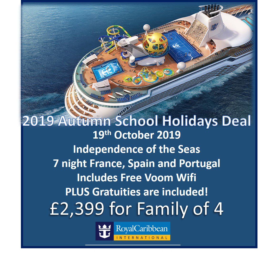 This is actually an incredible deal, Independence of the Seas, the UK’s family ship, 7 night holiday, Royal’s incredible food included, gratuities paid for, Voom Wifi (fastest internet at sea) included as well everything that comes with sailing with Royal 👉📲 0161 746 84 84