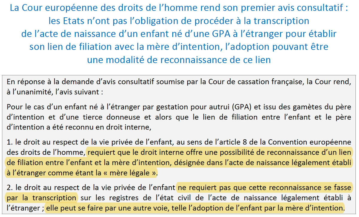N_Hervieu's tweet photo. Important : La #CEDH a rendu son tout premier avis consultatif au titre du Protocole 16 (sur saisine de la @Courdecassation)

La #CEDH se prononce sur le sort de la filiation de la mère d'intention d'enfants nés par gestation pour autrui (#GPA) => https://t.co/nRmJjzo2Na https://t.co/G7BWDydLOI