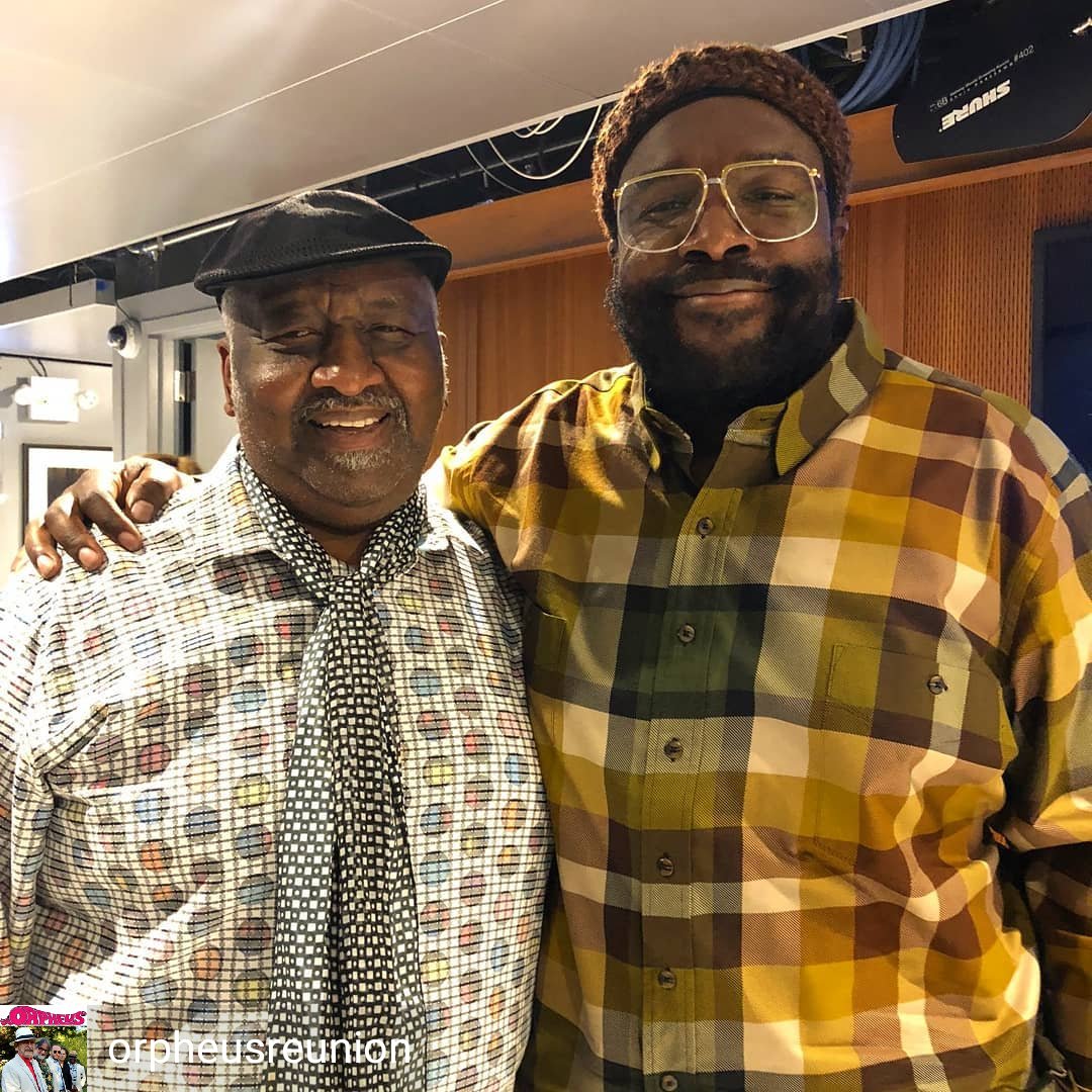 #Orpheus drummer @bernardpurdie with @questlove backstage at @FallonTonight where Purdie and legendary bassist @raineybass will be sitting in with @theroots to promote the long awaited @ArethaFranklin concert film, @amazinggracemov....