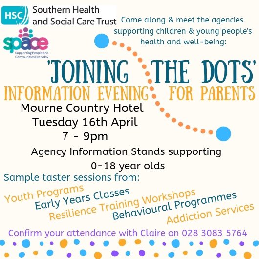 TheGoodSpaceNI's tweet photo. Is #screentime an issue for your family? It’s one of 7 interactive workshops at our #jointhedots event next week over 30 agencies coming - parents ring @SpaceNI15 to book place #familyfirst #helpinghand @SouthernHSCT https://t.co/Qwyn2QpDL6