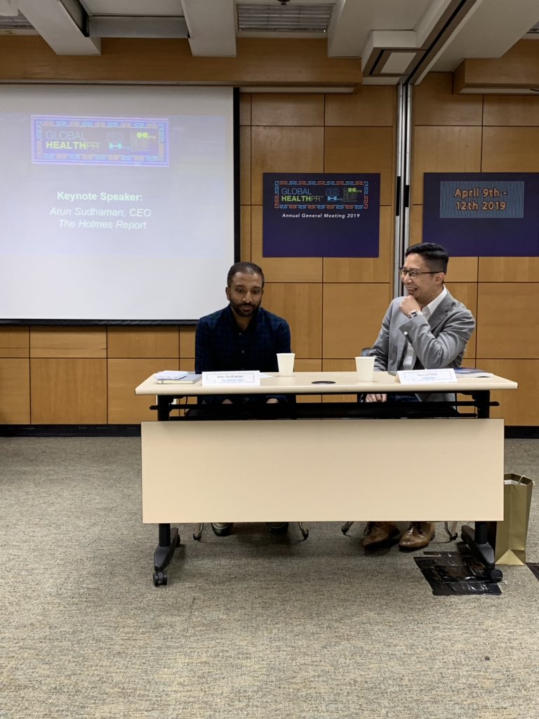 Great discussion with <a href="/ArunSudhaman/">Arun Sudhaman</a> of @theholmesreport this morning.   Appreciate the unique insights and perspective on the #healthcare #pr industry. #agm2019hk