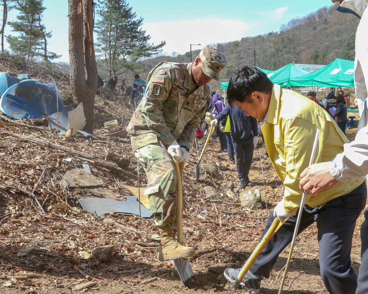 USForcesKorea's tweet photo. Soldiers from 210th Field Artillery Brigade, engaged with the community during #ArborDay to plant hundreds of trees.  #KatchiKapshida #WeGoTogether
 @EighthArmyKorea @2INFDIV @USARPAC @INDOPACOM https://t.co/sEh56wIdTd