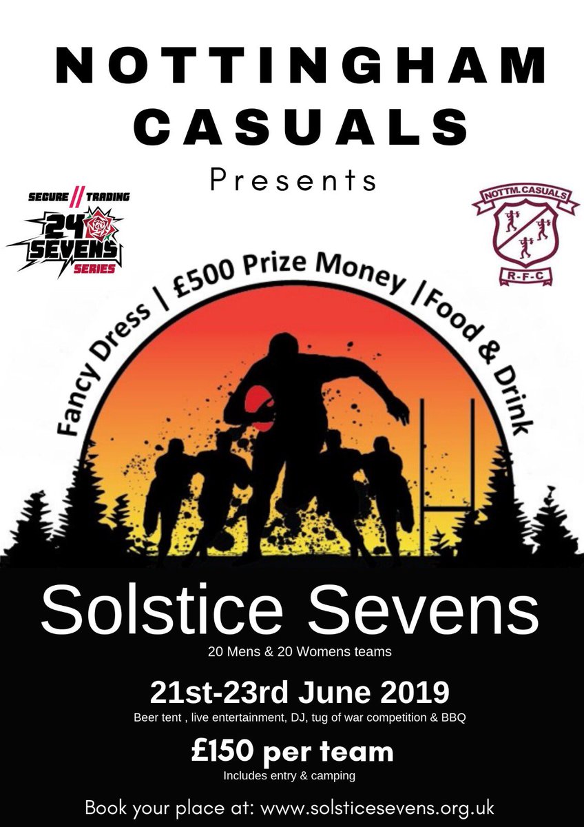 NottmCasualsRFC's tweet image. //Solstice Sevens 2019//

21-23rd June

*£500 Cash Prize*

20 Men’s &amp;amp; 20 Women’s Teams

Entertainment, Food &amp;amp; Drink all weekend!

Book your place here:
solsticesevens.org.uk