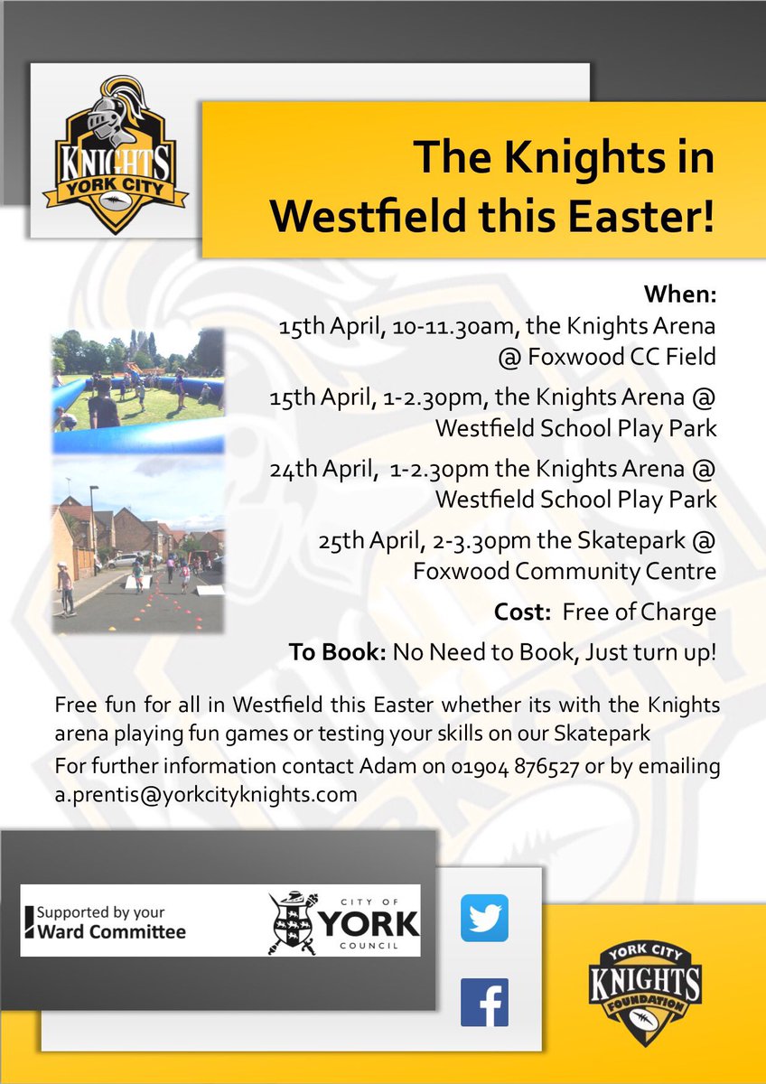 Free activity sessions for young people this Easter 🐰 Check out our sessions being delivered in the @WestfieldWard during Easter school holidays ⬇️ No need to book just turn up. Suitable for children 6 and upwards. 😎  #WeAreYork⚔️ <a href="/foxwoodra/">Foxwood Residents</a> <a href="/yorkacorn/">York Acorn Rugby League</a>